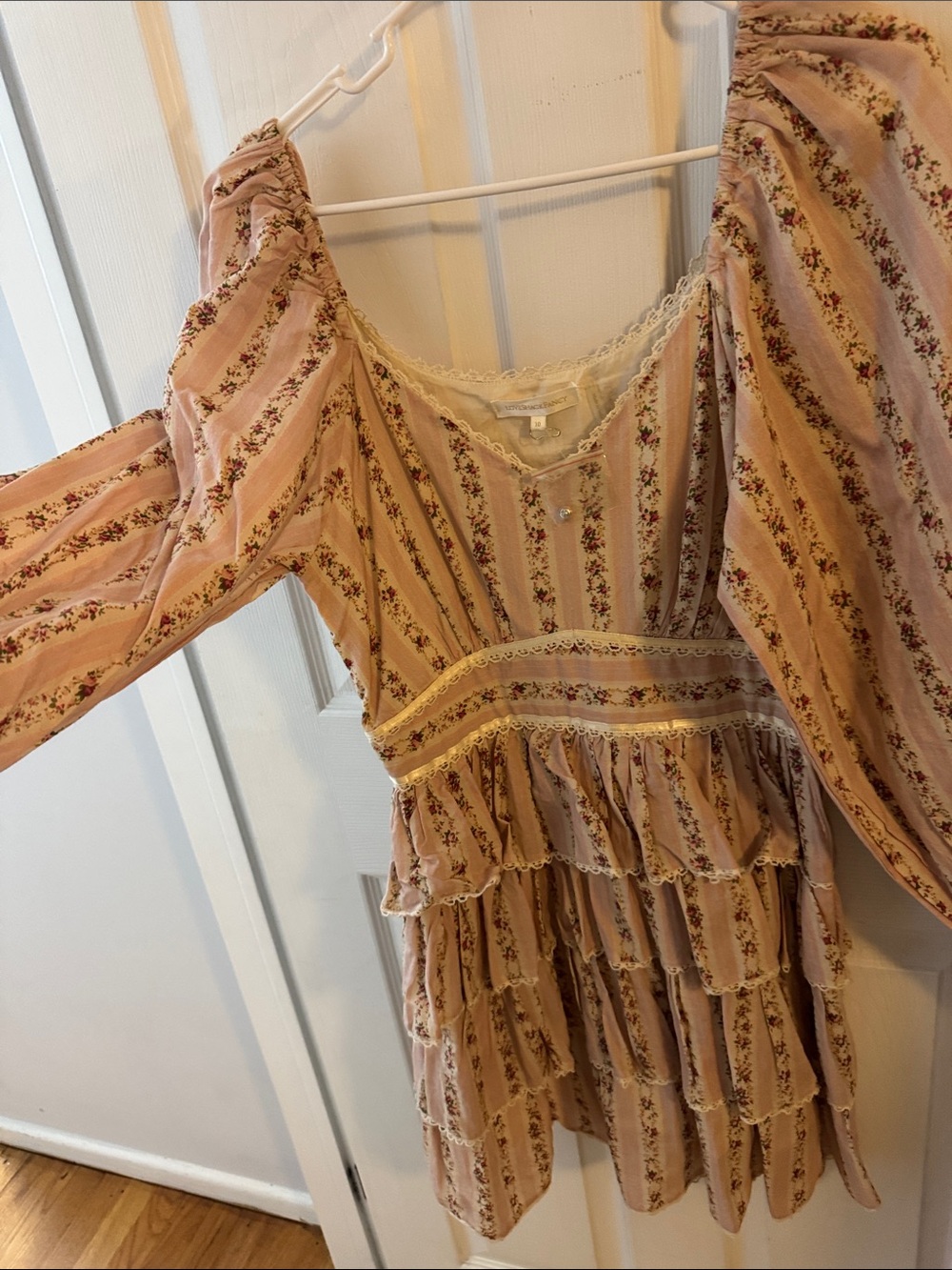 LoveShackFancy Pink and Cream Floral Stripe Button Front Top